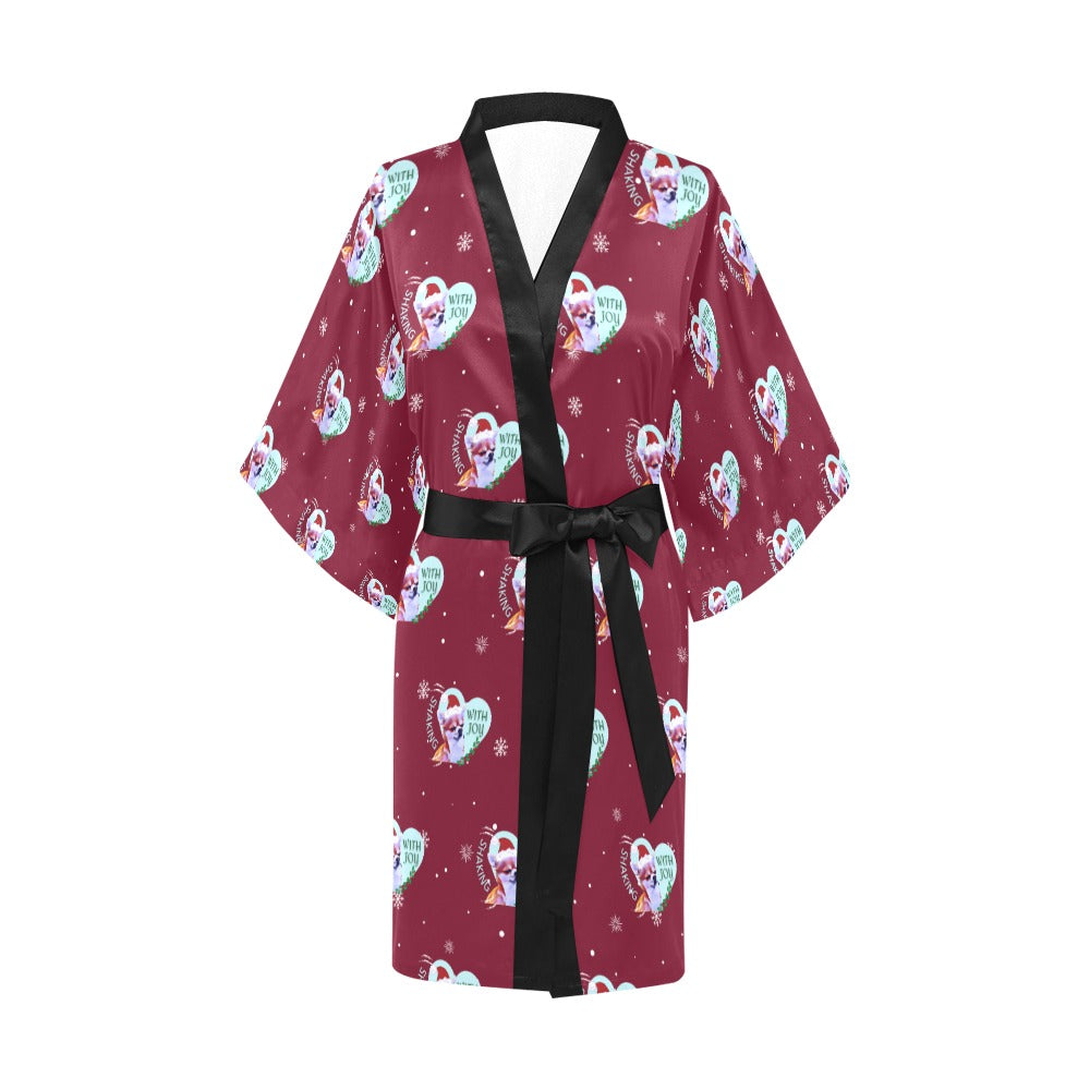 Chihuahua Holiday Burgundy Silky Satin Robe | Custom Satin Robe | Robe and Slipper Gift Sets for Women | Cute Satin Robe for Adults | Satin Robes with Patterns