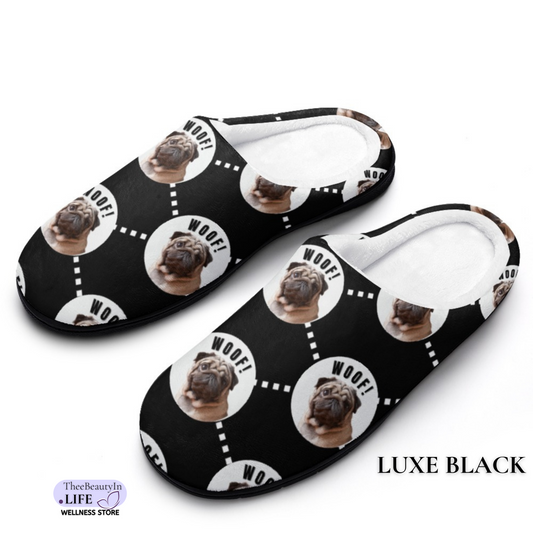 Aligned Dog Custom House Shoe Slippers | Pet Photo Slippers for Dog Owners | Personalized Black Slippers | Dog Bedroom Shoes for Women | Pug Clothes | Fun Animal Slippers with Picture