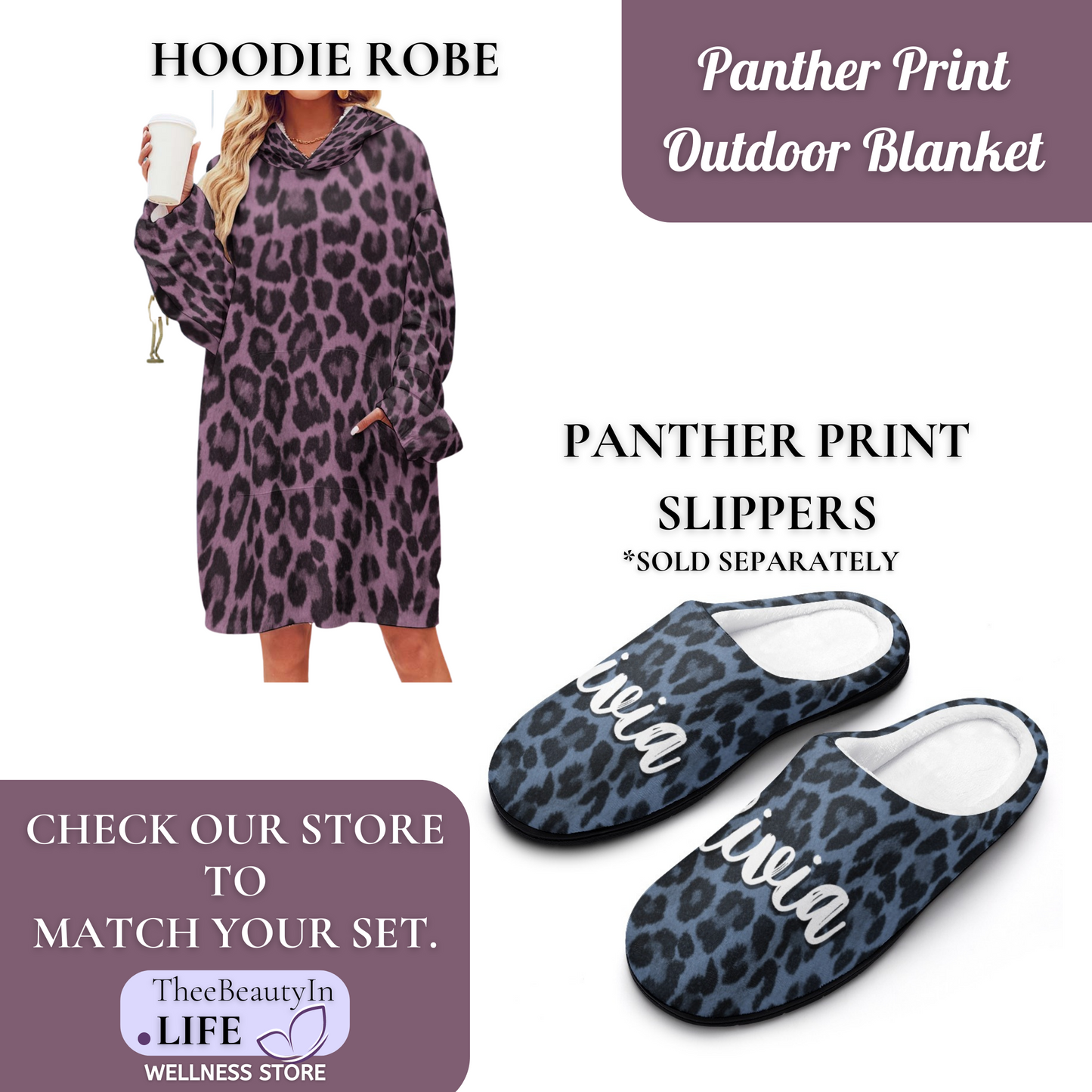 Purple Panther Print Custom Outdoor Blanket | Beach Mat with Leopard Animal Print | Waterproof Picnic Blanket | Personalized Name Stadium Blanket | Portable Blanket for College Student | Gift Basket Ideas