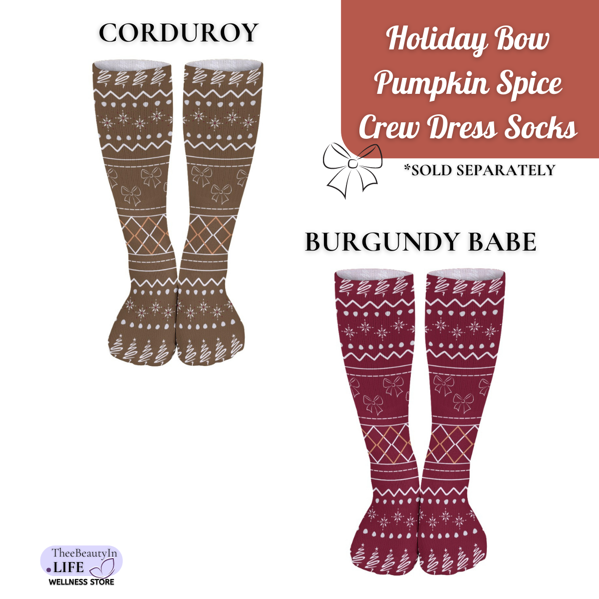 Holiday Bow Pumpkin Spice Crew Dress Socks | Christmas Themed Crew Socks | Matching Gift Sets for Women | Fun Socks with Bows | Holiday Family Socks