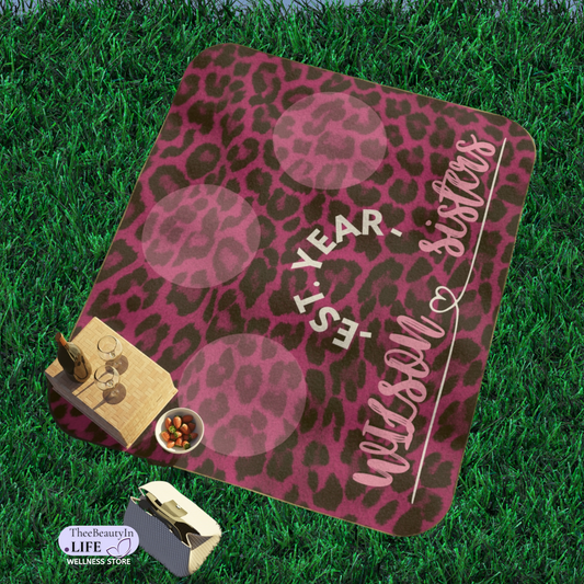 Plum Panther Print Custom Outdoor Blanket | Concert Blanket with Pink Leopard Animal Print | Waterproof Beach Blanket | Personalized Name Stadium Blanket | Portable Blanket for Sister Pictures | Sister in Law Gift Basket Ideas