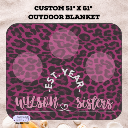 Plum Panther Print Custom Outdoor Blanket | Concert Blanket with Pink Leopard Animal Print | Waterproof Beach Blanket | Personalized Name Stadium Blanket | Portable Blanket for Sister Pictures | Sister in Law Gift Basket Ideas