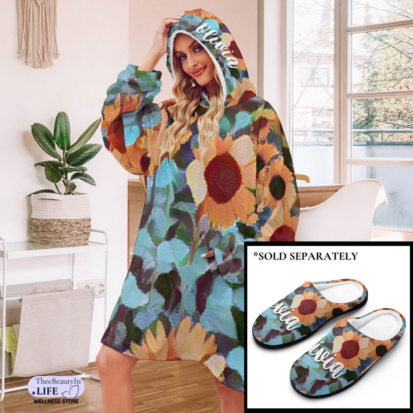 Sunflower Custom Hoodie Robe | Personalized Hooded Blanket Christmas | Fun Blanket Robe With Pockets | Blanket With Sleeves | Custom Hoodie Blanket | Robe and Slipper Set