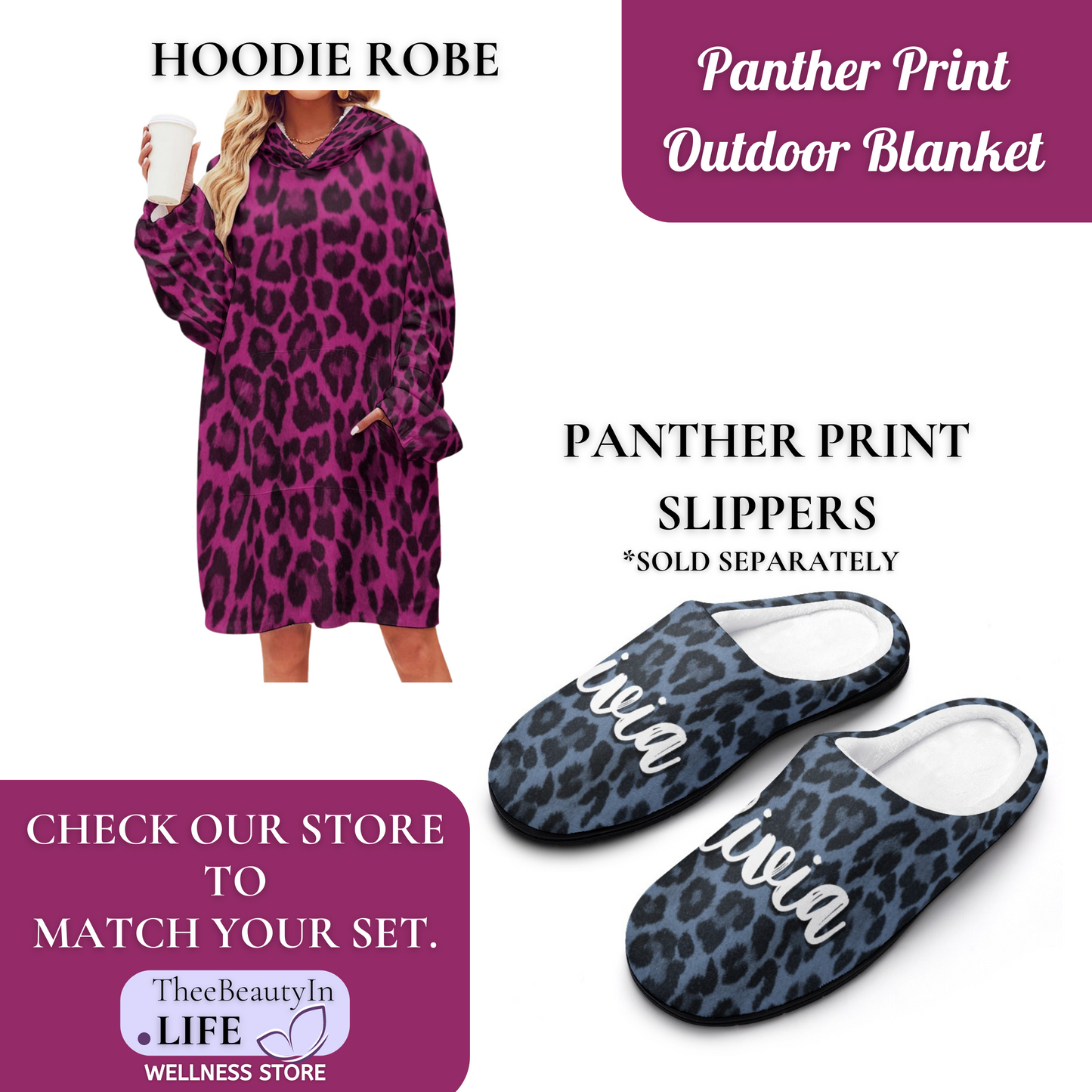 Plum Panther Print Custom Outdoor Blanket | Concert Blanket with Pink Leopard Animal Print | Waterproof Beach Blanket | Personalized Name Stadium Blanket | Portable Blanket for Sister Pictures | Sister in Law Gift Basket Ideas