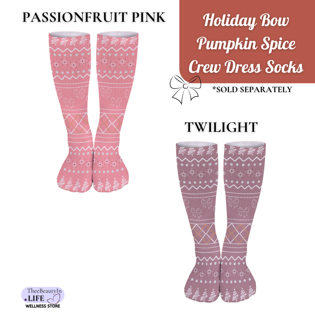 Holiday Bow Pumpkin Spice Crew Dress Socks | Christmas Themed Crew Socks | Matching Gift Sets for Women | Fun Socks with Bows | Holiday Family Socks