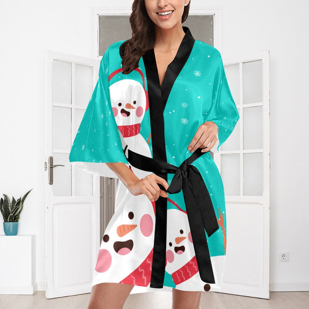 Mint Snowman Silky Satin Robe | Custom Satin Robe | Robe and Slipper Gift Sets for Women | Cute Satin Robe for Adults | Satin Robes with Patterns