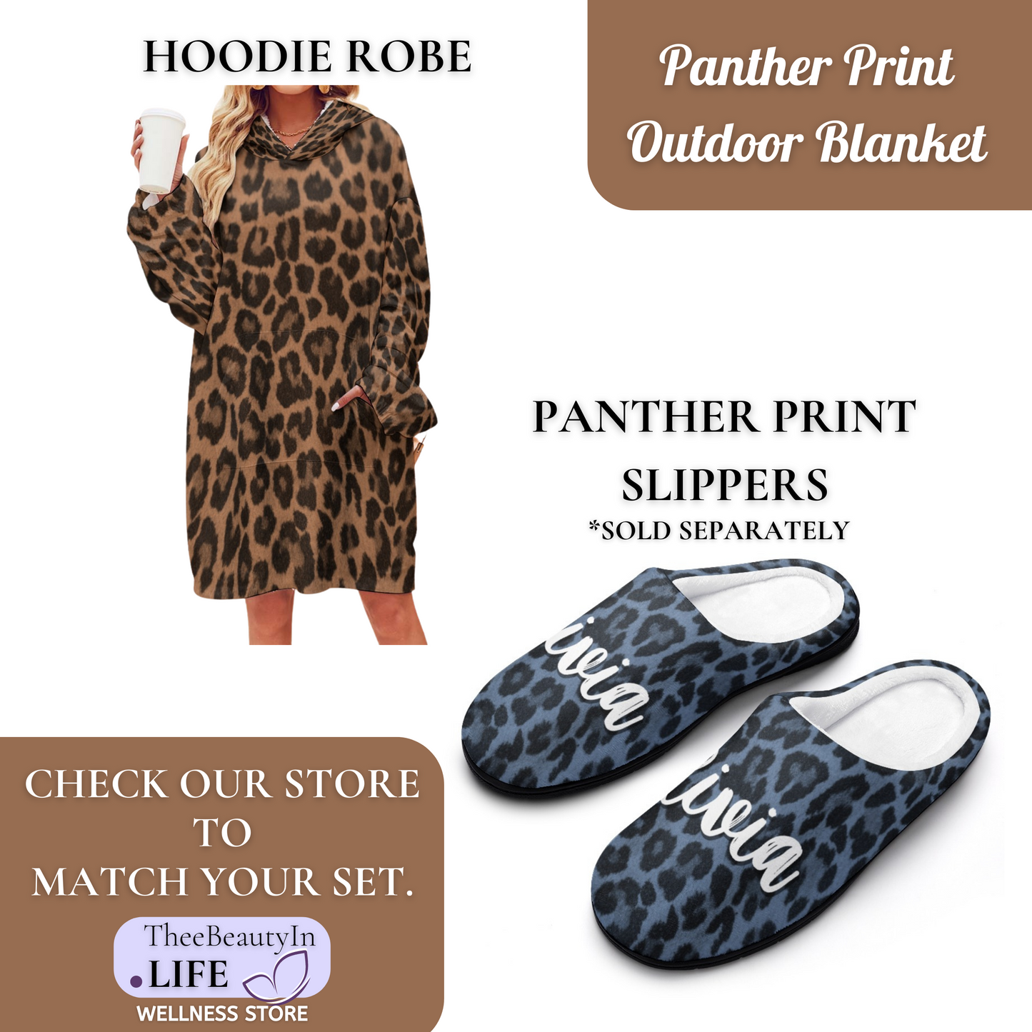 Brown Panther Print Custom Outdoor Blanket | Concert Blanket with Leopard Animal Print | Waterproof Picnic Blanket | Personalized Name Stadium Blanket | Portable Blanket for Family Photoshoots | Cute Gifts for Women