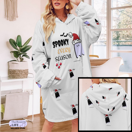 Spooky Season Holiday Ghost Hoodie Robe | Custom Hooded Blanket | Gift Ideas for Women Who Love Halloween | Cute Mumu House Dress for Adults | Clothes with Ghosts