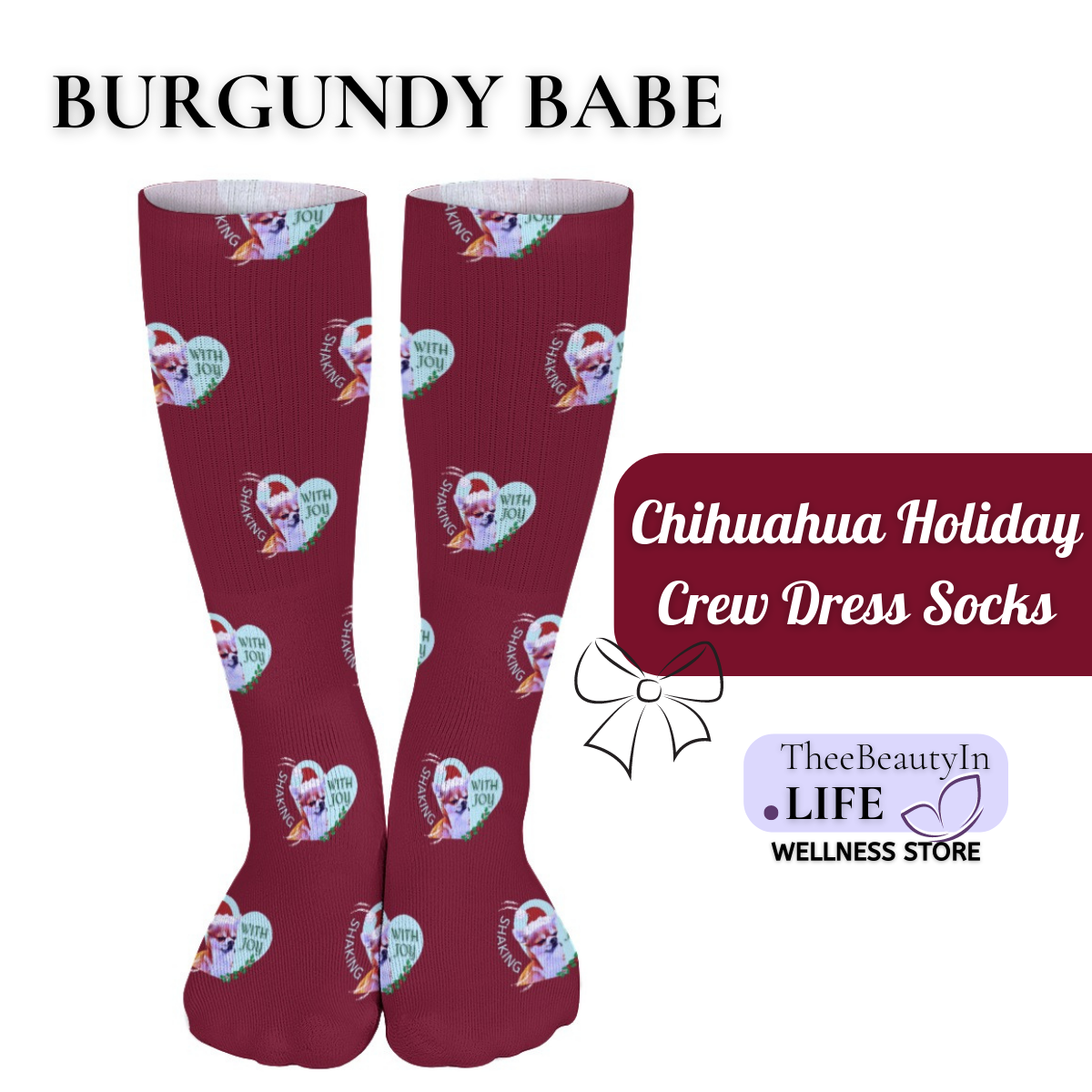 Chihuahua Holiday Crew Dress Socks | Dog Lover Stocking Stuffers | Christmas Themed Crew Socks | Christmas Socks with Puppies | Moisture Wicking Socks |