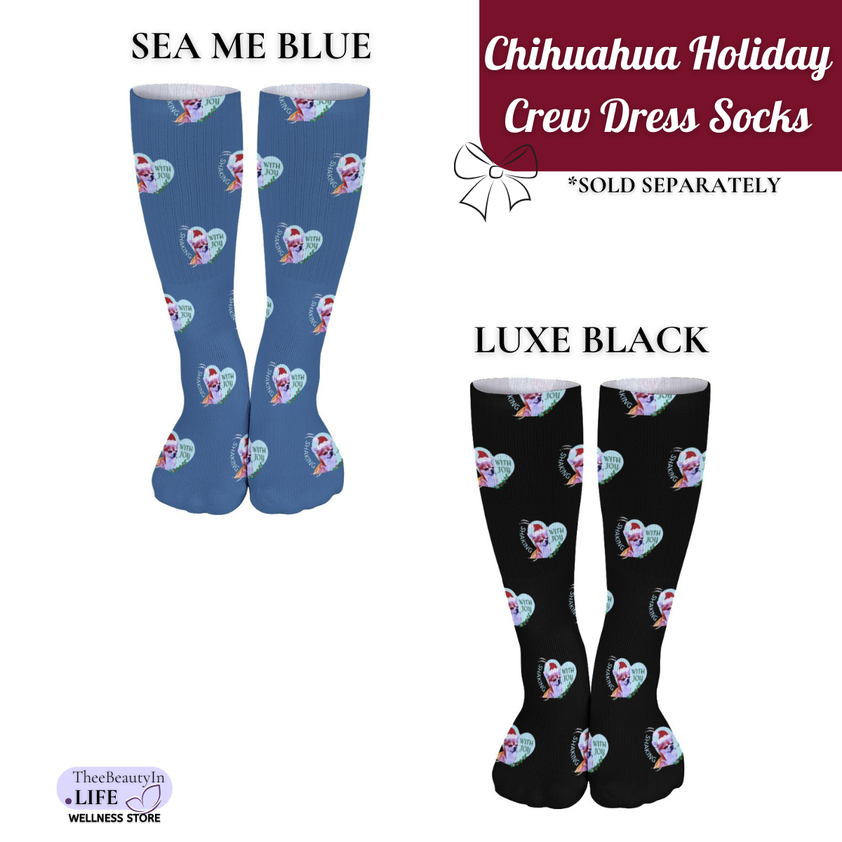 Chihuahua Holiday Crew Dress Socks | Dog Lover Stocking Stuffers | Christmas Themed Crew Socks | Christmas Socks with Puppies | Moisture Wicking Socks |