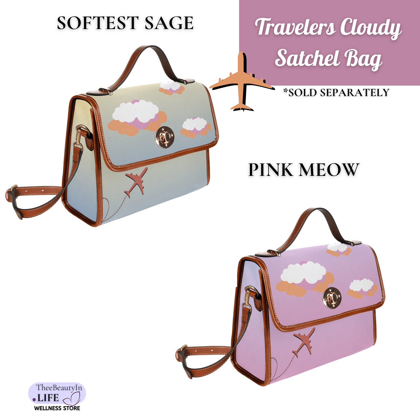 Travelers Pink Cloudy Satchel Bag | Travel Bag for Women with Vegan Leather Trim | Small Crossbody Carry On Bag | Waterproof Canvas Satchel | Gift with Airplane and Vacation Aesthetic