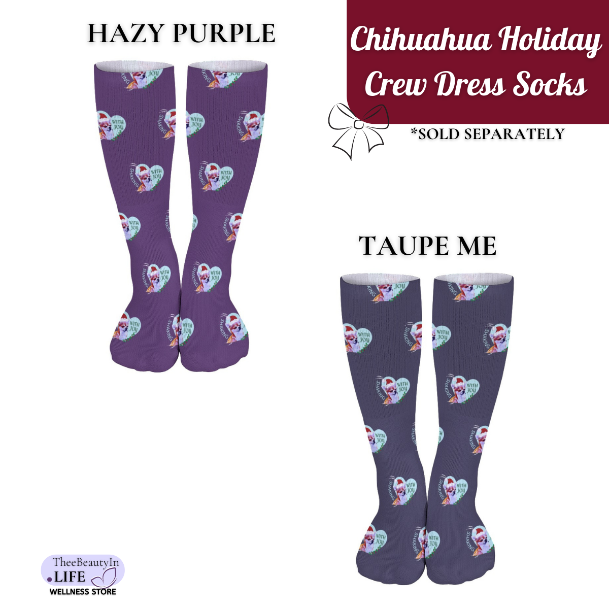 Chihuahua Holiday Crew Dress Socks | Dog Lover Stocking Stuffers | Christmas Themed Crew Socks | Christmas Socks with Puppies | Moisture Wicking Socks |