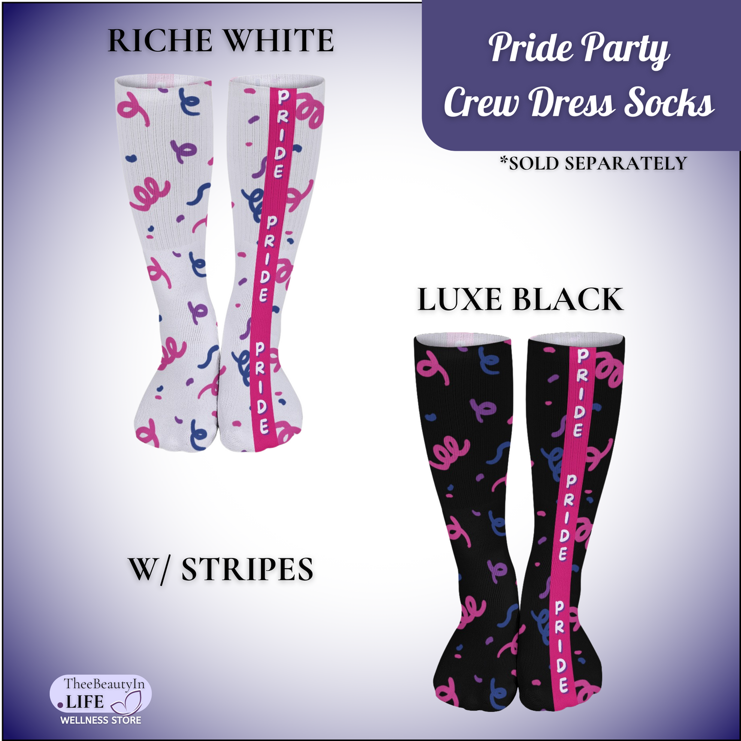 Crew Dress Socks - Pride Party | Fun Socks for Women | Colorful Socks with Confetti | Valentine's Day Gift for Girlfriend | Pride Week Socks | Black Novelty Socks for Bi Pride | LGBT Outfit Accessories