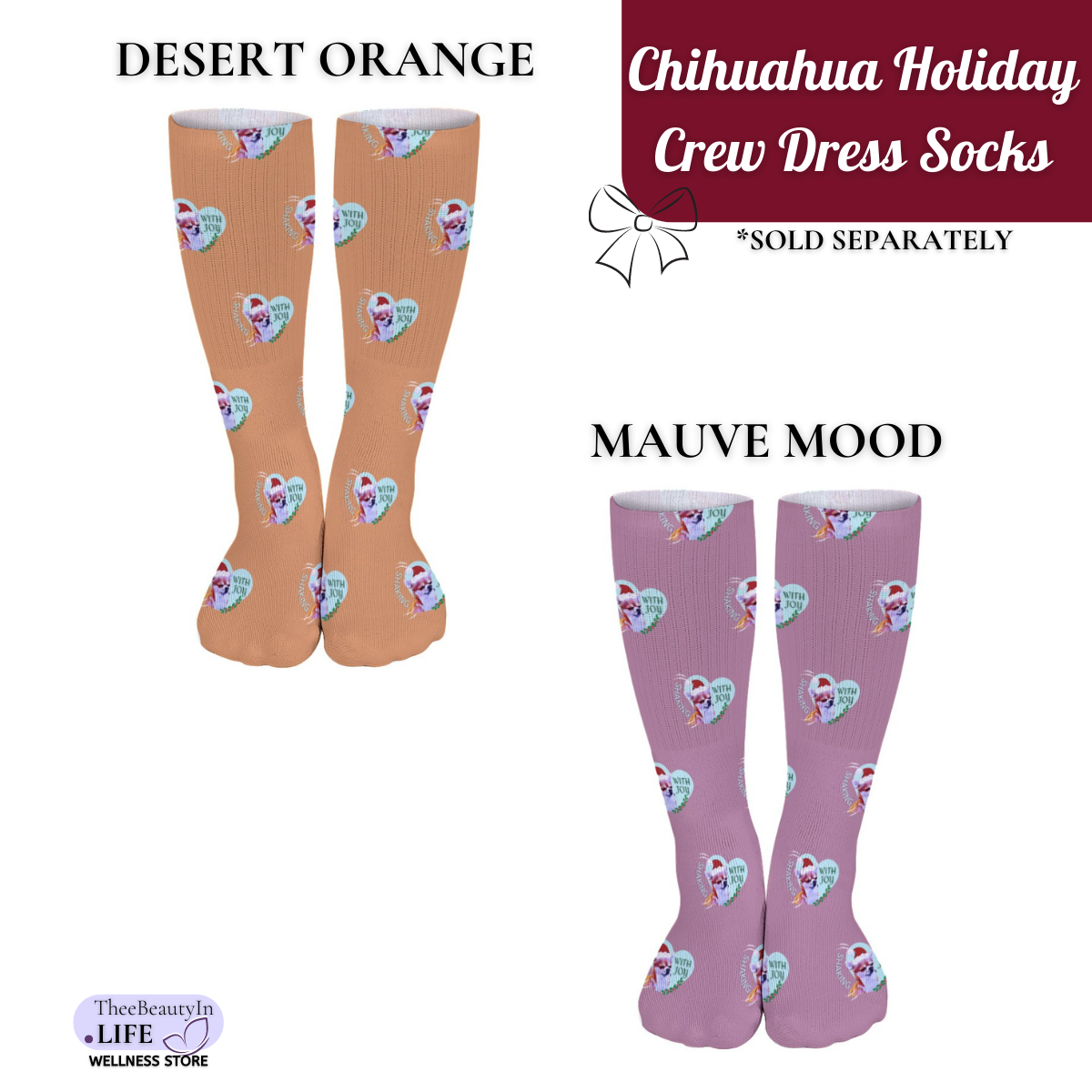 Chihuahua Holiday Crew Dress Socks | Dog Lover Stocking Stuffers | Christmas Themed Crew Socks | Christmas Socks with Puppies | Moisture Wicking Socks |