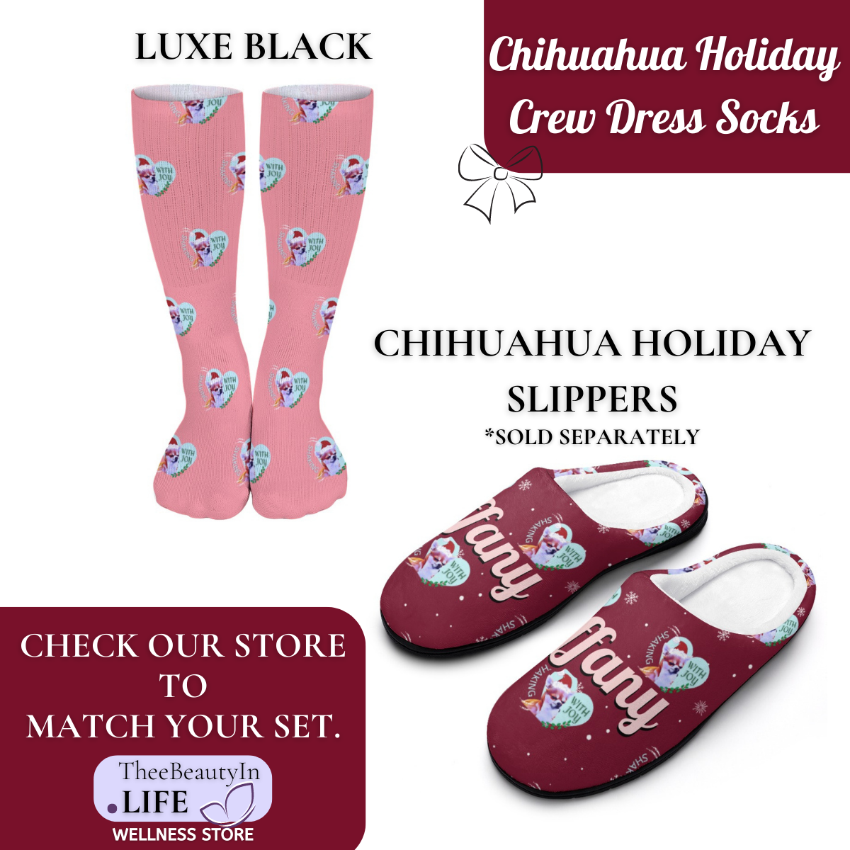 Chihuahua Holiday Crew Dress Socks | Dog Lover Stocking Stuffers | Christmas Themed Crew Socks | Christmas Socks with Puppies | Moisture Wicking Socks |