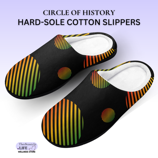 House Shoe Slippers - Circle of History | Hard Sole Indoor Slippers | Cute Black Bedroom Shoes for Women | Colorful Juneteenth Flag Themed Slippers | Red, Green, and Gold Shoes