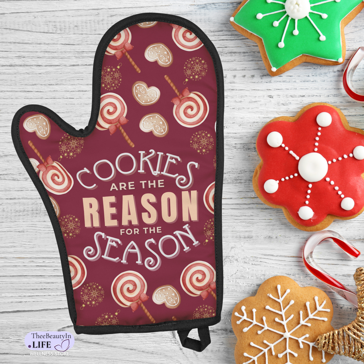 Gingerbread Cookies Cute Oven Mitt | Oven Gloves for Christmas Lovers | Pot Holders for Holiday Food Photoshoot | Gift with Gingerbread Decor | Holiday Baking Supplies and Stocking Stuffers