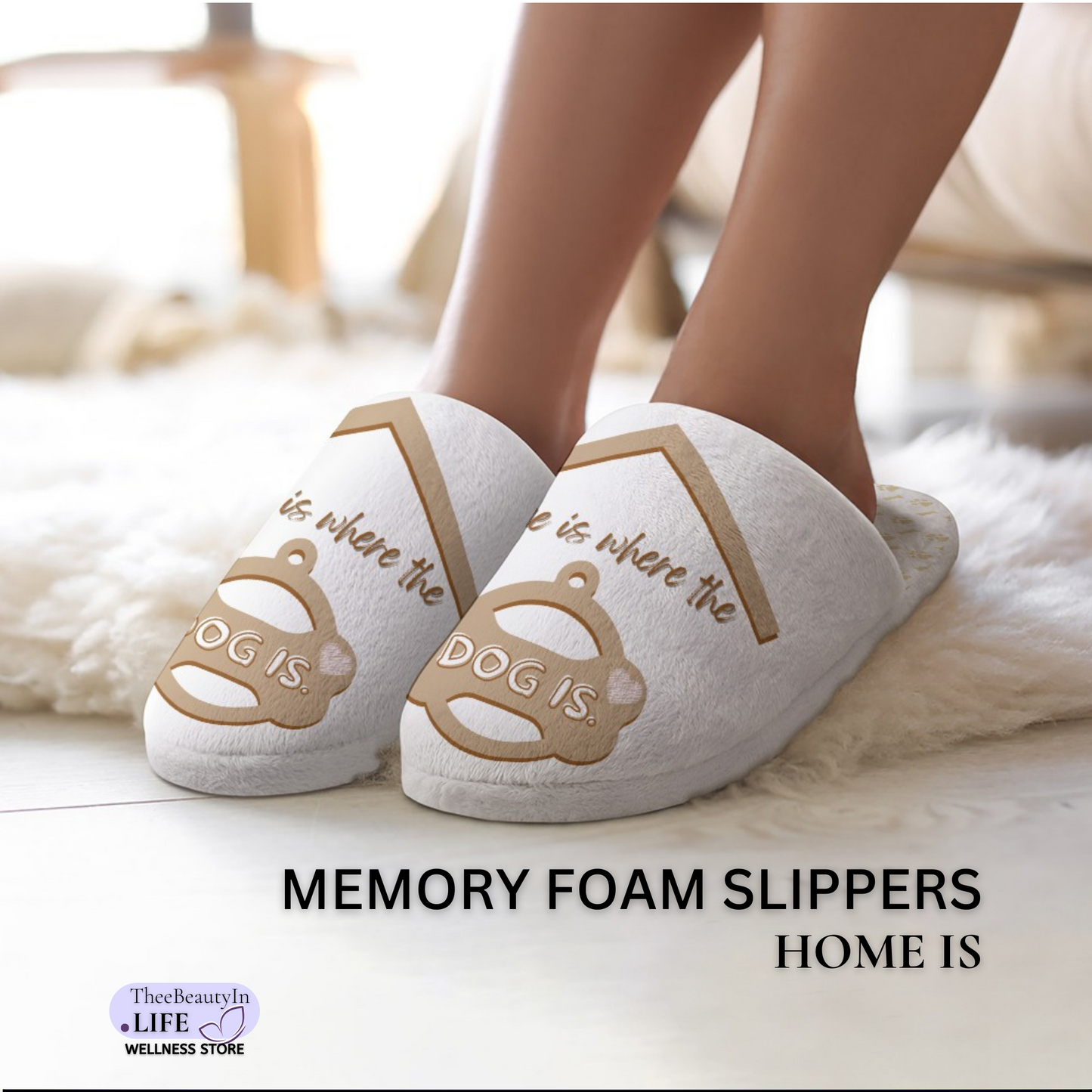 Memory Foam Slippers - Home Is | Pet Indoor Shoes for Dog Owners | Gift for Coworkers with Pets | White Dog Slippers for Women | Cute and Warm House Shoes for Dog Lovers