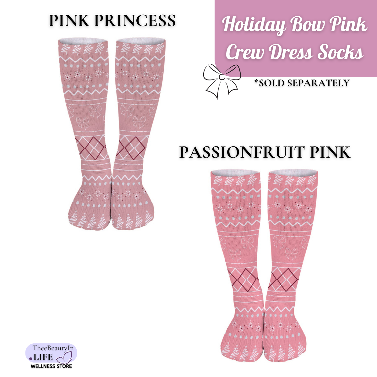 Holiday Bow Pink Crew Dress Socks | Christmas Themed Crew Socks | Argyle Pattern Socks | Matching Socks and Robes | Fun Socks with Trees