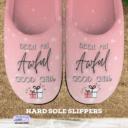 Good Girl Holiday Pink House Shoe Slippers | Pretty Women's Slippers With Hard Bottoms | Winter Themed Housewarming Gifts | Gifts for Girlfriend