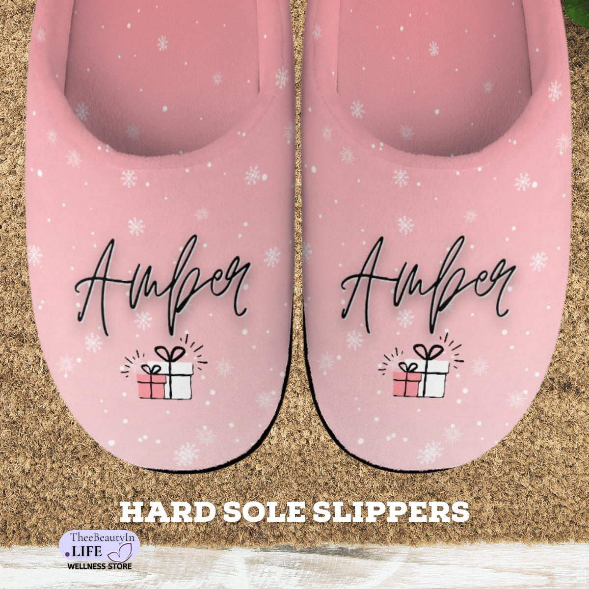 Good Girl Holiday Pink House Shoe Slippers | Pretty Women's Slippers With Hard Bottoms | Winter Themed Housewarming Gifts | Gifts for Girlfriend