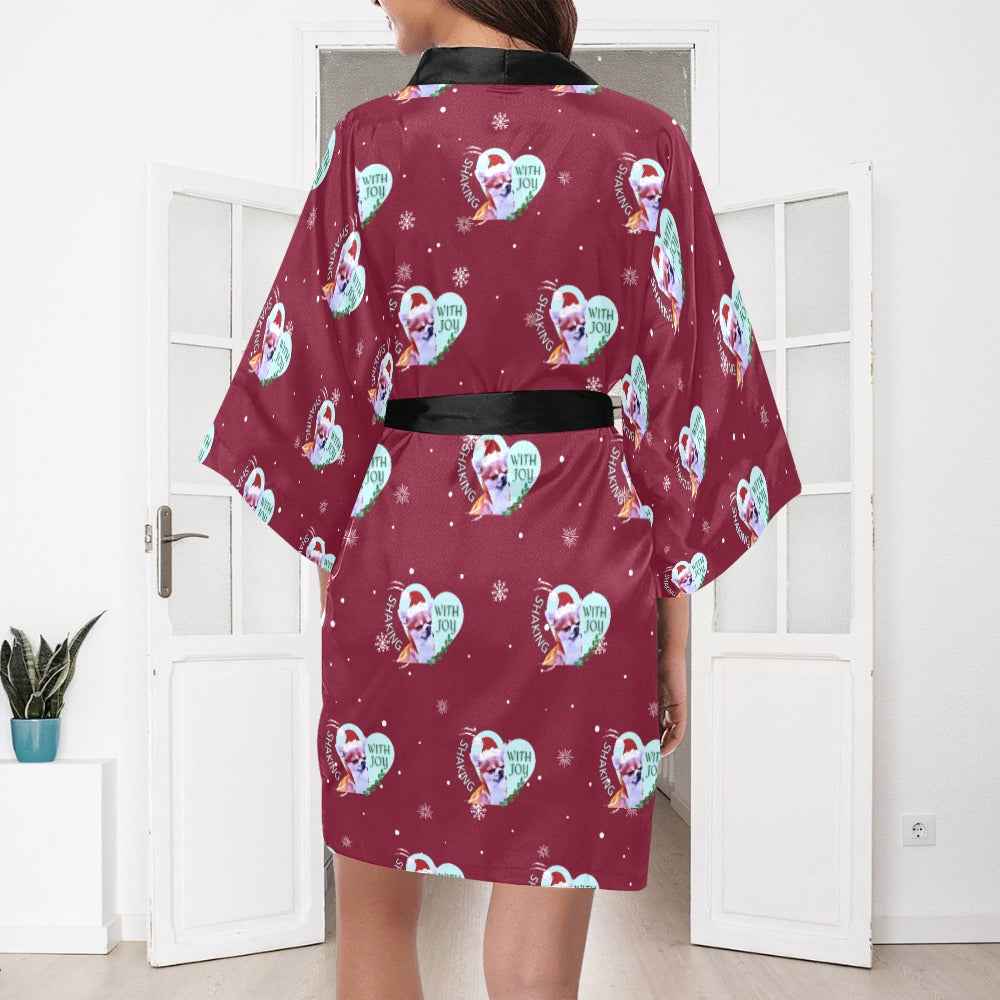 Chihuahua Holiday Burgundy Silky Satin Robe | Custom Satin Robe | Robe and Slipper Gift Sets for Women | Cute Satin Robe for Adults | Satin Robes with Patterns