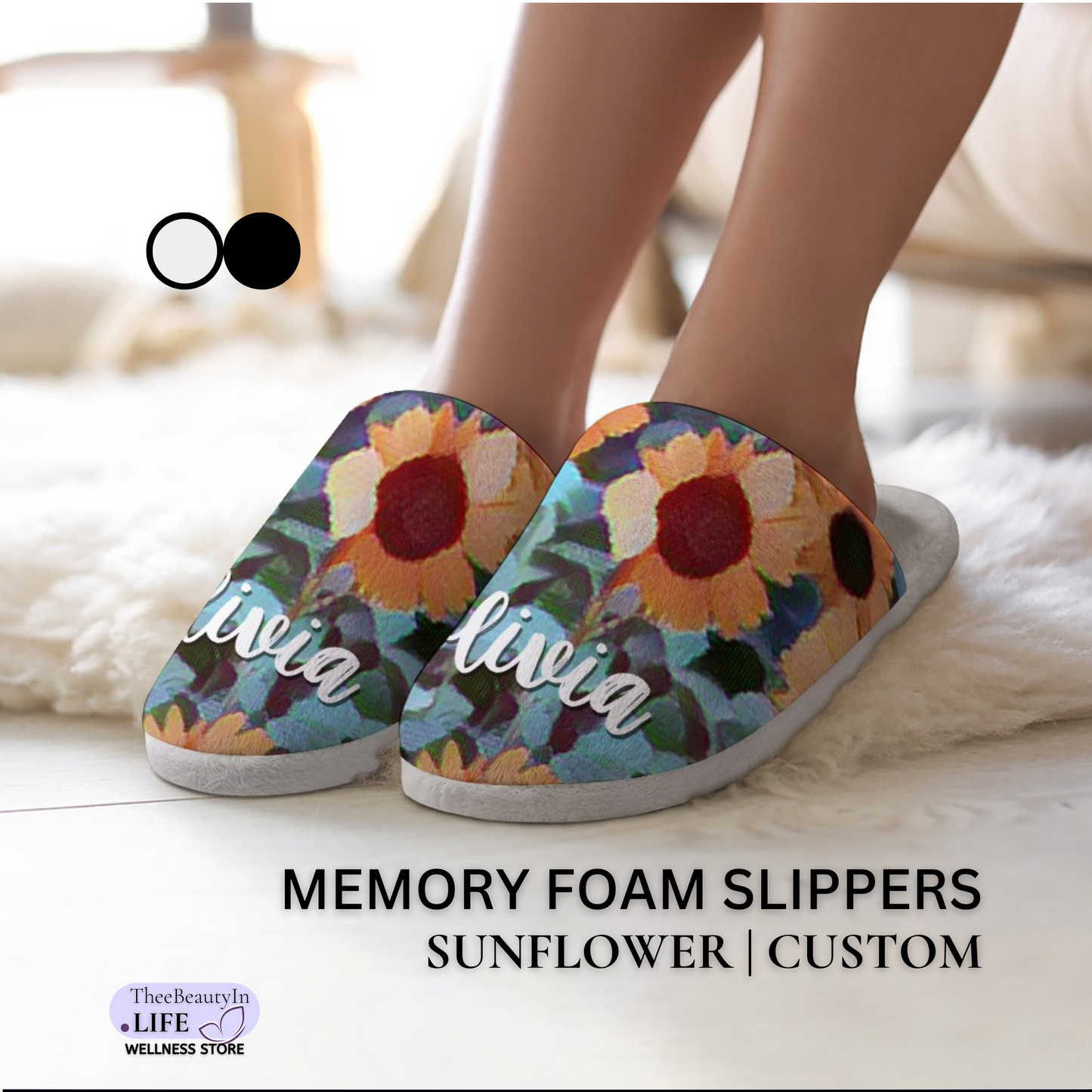 Memory Foam Slippers - Sunflower Custom | Cute Floral House Shoes for Women | Bedroom Slippers for Matching Robes | Personalized Gift for Gardeners | Pixel Art Shoes for Plant Moms