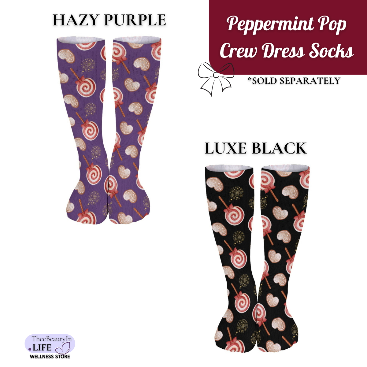 Peppermint Pop Holiday Crew Dress Socks | Christmas Themed Crew Socks | Fun Socks for Women | Gingerbread Dress Socks | Moisture Wicking Socks