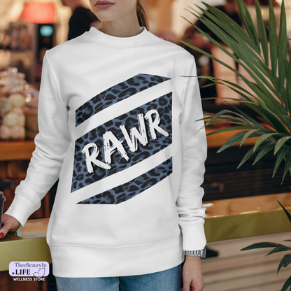 Crewneck Sweatshirt - Panther Print | Animal Print Sweater for Women | Cute Football Shirt with Spots | Blue and White Striped Sweatshirt with Long Sleeves