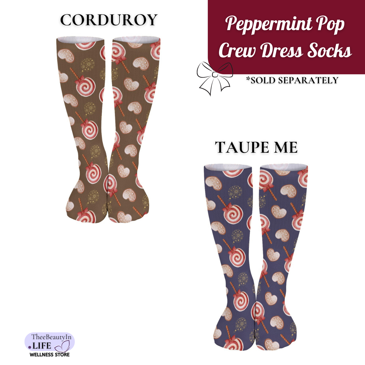 Peppermint Pop Holiday Crew Dress Socks | Christmas Themed Crew Socks | Fun Socks for Women | Gingerbread Dress Socks | Moisture Wicking Socks