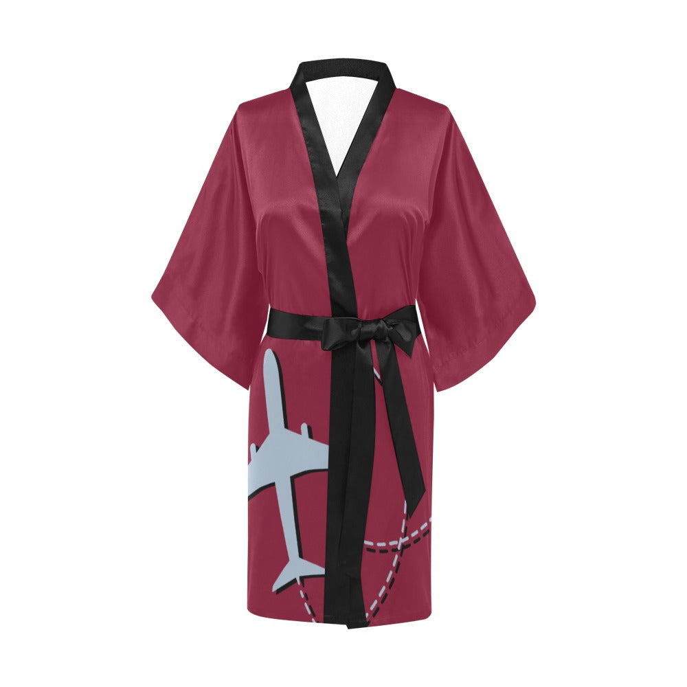 Flight Attendant Plane Burgundy Silky Satin Robe | Custom Satin Robe | Robe and Slipper Gift Sets for Women | Cute Satin Robe for Adults | Satin Robes with Patterns