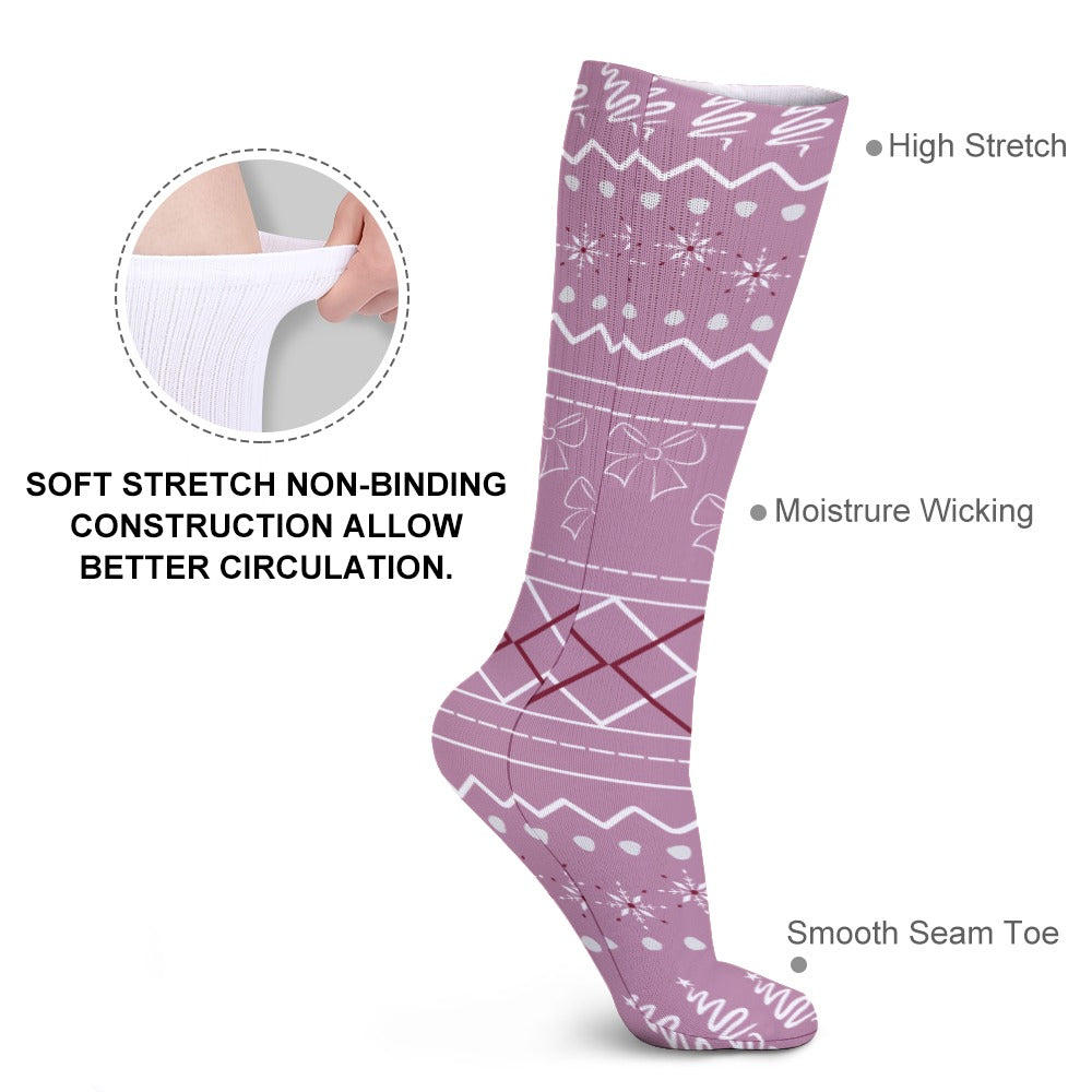 Holiday Bow Pink Crew Dress Socks | Christmas Themed Crew Socks | Argyle Pattern Socks | Matching Socks and Robes | Fun Socks with Trees