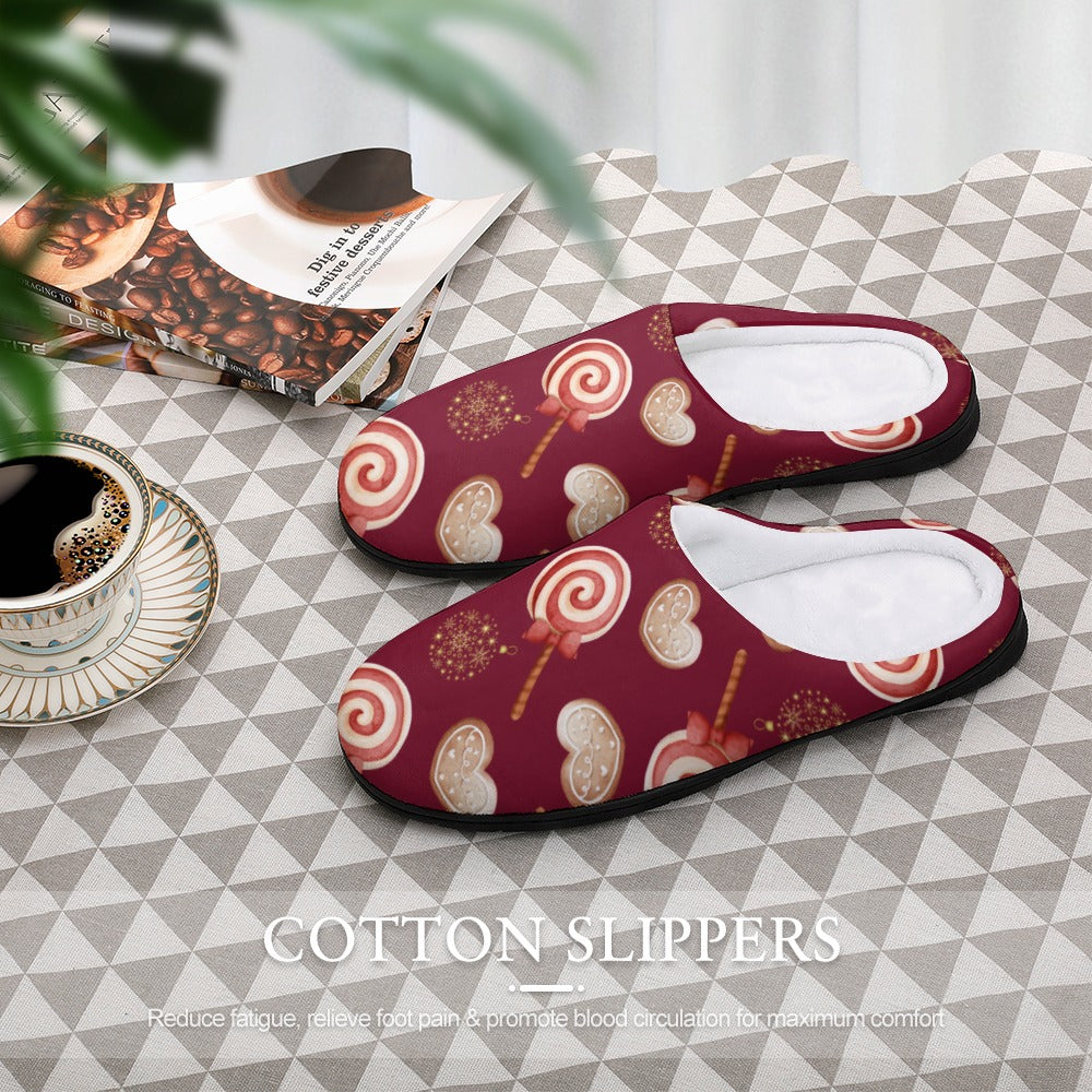 Peppermint Pop Holiday Burgundy House Shoe Slippers | Custom Slippers | Robe and Slipper Gift Sets for Women | Cute Slippers for Adults | House Shoes with Patterns