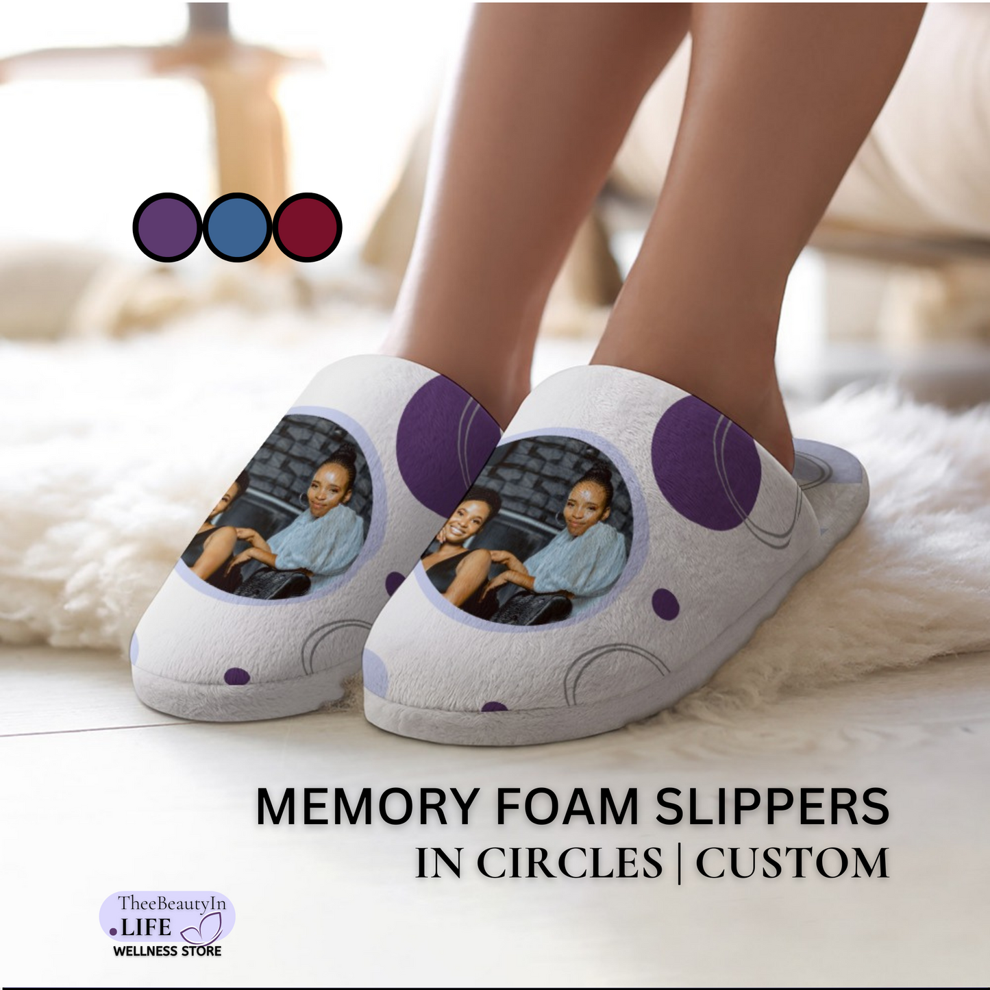 Memory Foam Slippers - In Circles Custom Photo | Fun Personalized Slippers | Ladies Slippers | Plush Cotton House Shoes | Cozy Bedroom Slippers with Non Slip Bottoms