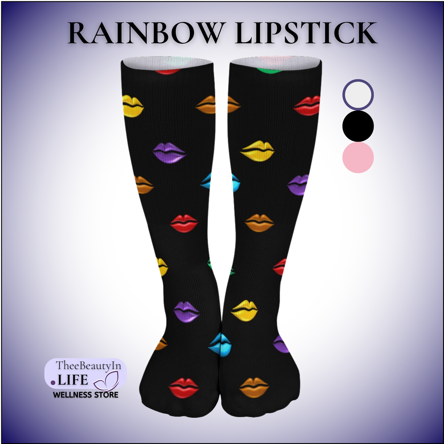 Crew Dress Socks - Rainbow Lipstick | Fun Socks for Women | Colorful Socks with Makeup | Valentine's Day Gift for Girlfriend | Pride Week Socks | Pink Novelty Socks for Lesbian Pride | LGBT Outfit Accessories