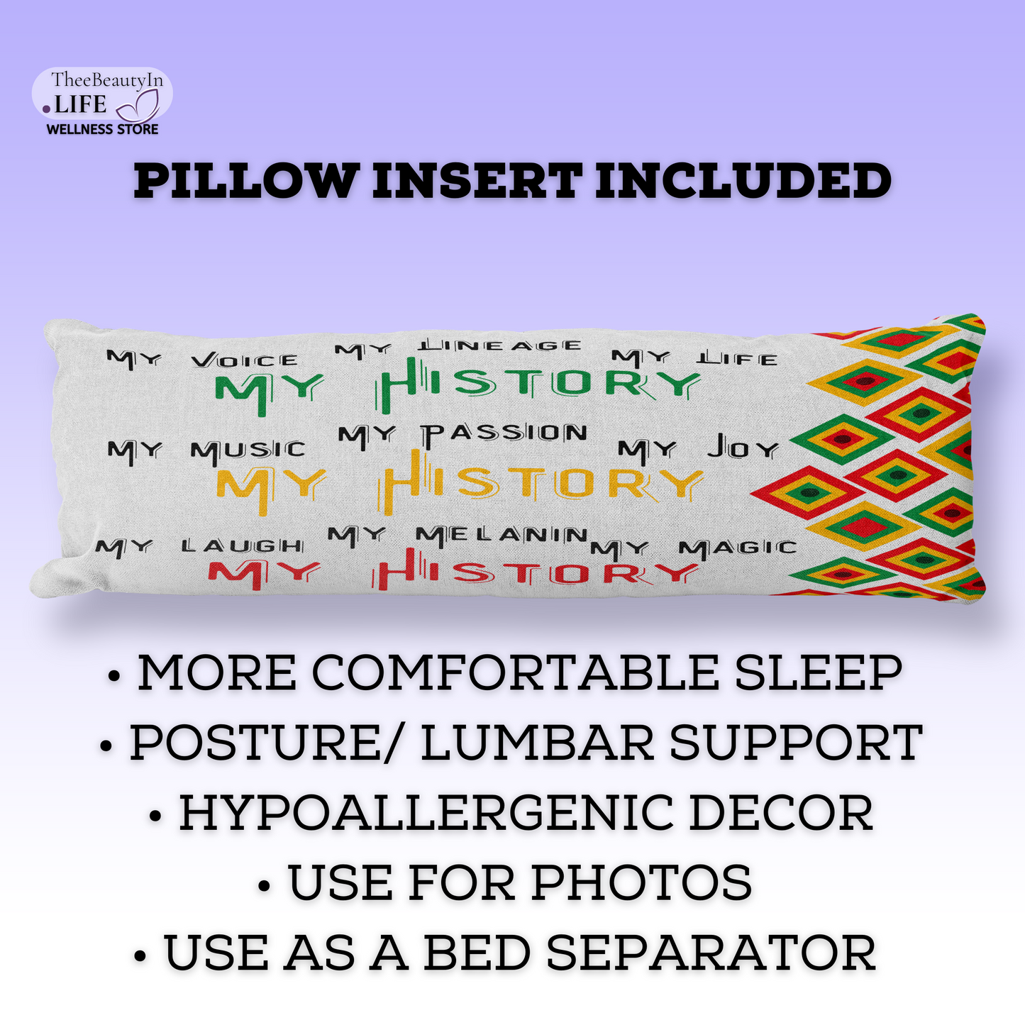 Body Pillow - Black History | 20" x 54" Support Pillow Insert and Cover | Decor for Juneteenth and Black History Month | Sleep Aid for Pregnancy and New Moms | Gift for HBCU College Students | Inspirational Lumbar Pillow for Sofa or Bed