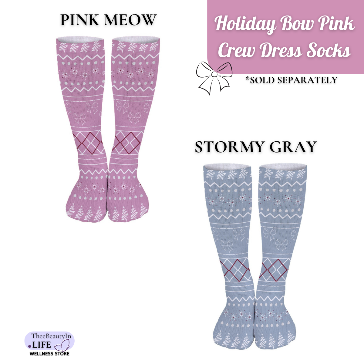 Holiday Bow Pink Crew Dress Socks | Christmas Themed Crew Socks | Argyle Pattern Socks | Matching Socks and Robes | Fun Socks with Trees