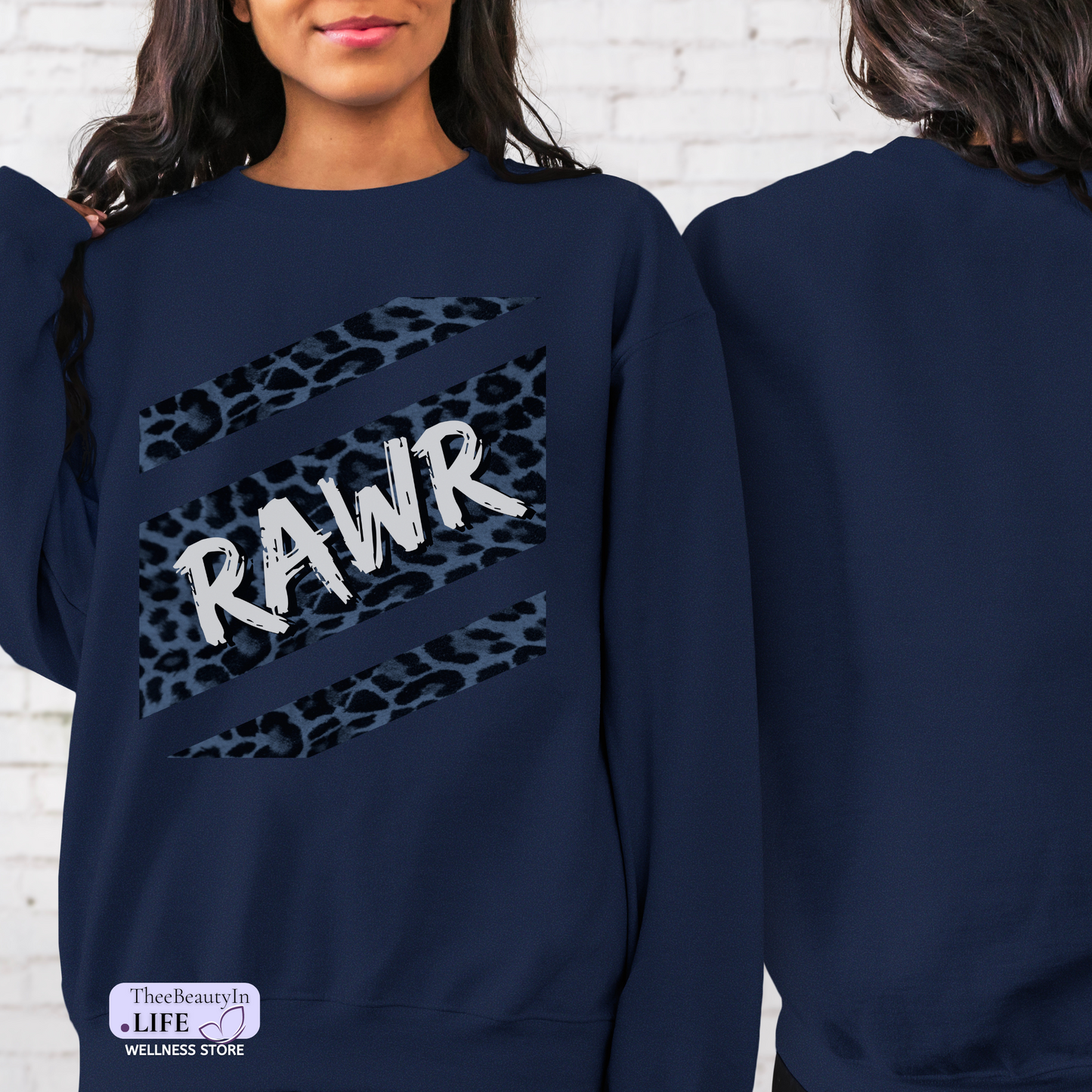 Crewneck Sweatshirt - Panther Print | Animal Print Sweater for Women | Cute Football Shirt with Spots | Blue and White Striped Sweatshirt with Long Sleeves