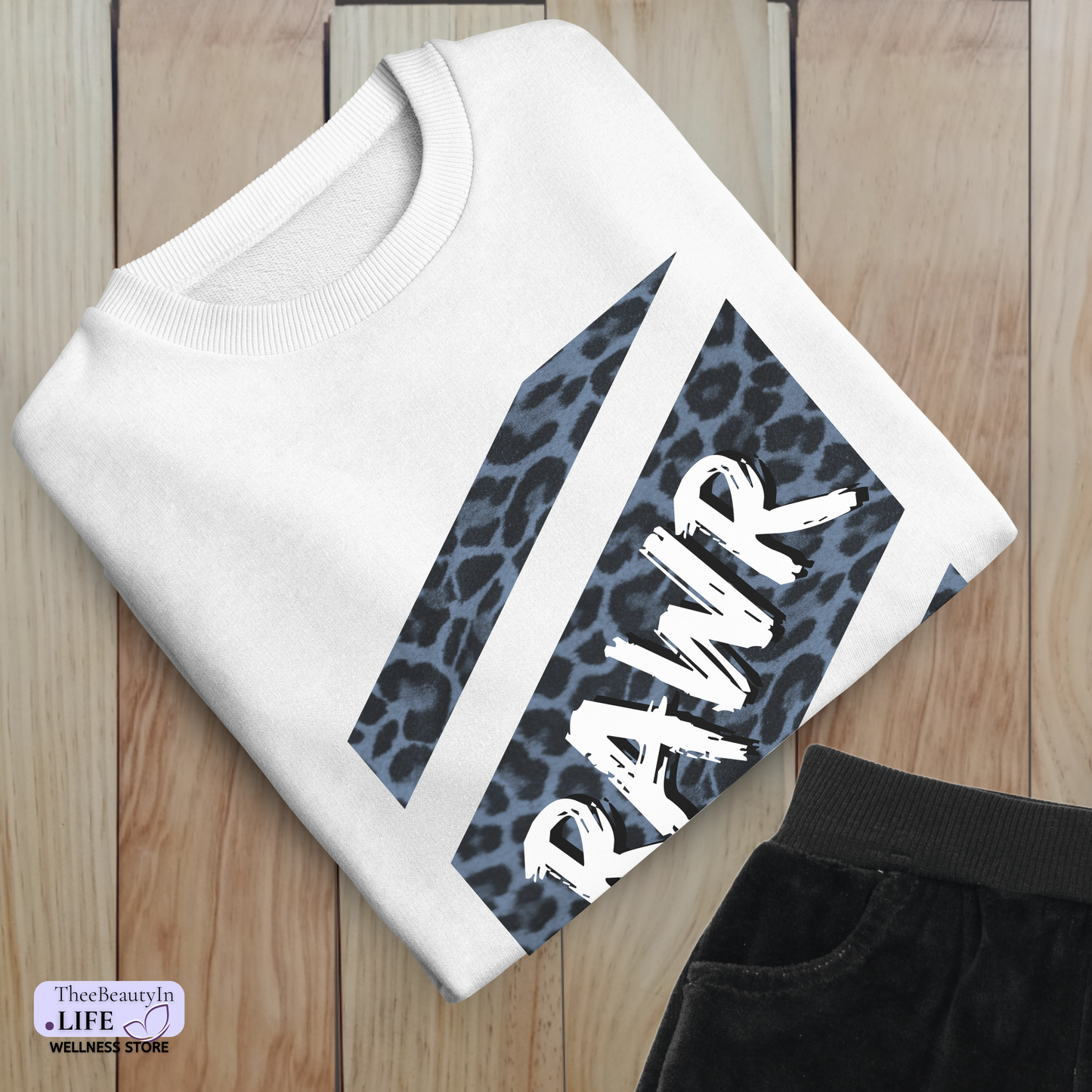 Crewneck Sweatshirt - Panther Print | Animal Print Sweater for Women | Cute Football Shirt with Spots | Blue and White Striped Sweatshirt with Long Sleeves