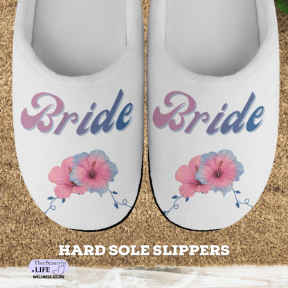 Hibiscus Bridal House Shoe Slippers | Cute Bride Slippers for Getting Ready | Wedding Slippers for Pictures | Thoughtful Gift Ideas for Bridal Shower | Hibiscus Flower Ladies Slippers | White Bedroom Shoes for Newlyweds