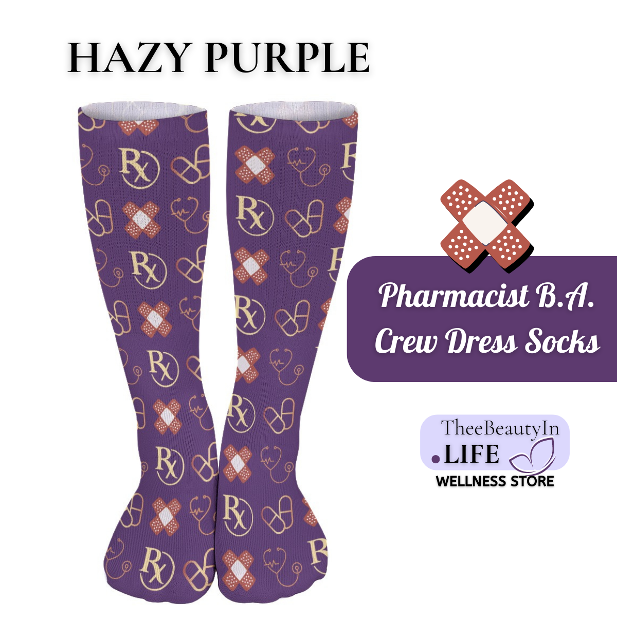 Pharmacist Bandaid Crew Dress Socks | Fun Gifts for Pharmacists, Nurses, and Doctors | Gifts for Pharmacy Technicians | Medical Student Graduation Gifts | Healthcare Worker Stocking Stuffers | Pharmacology Themed Socks