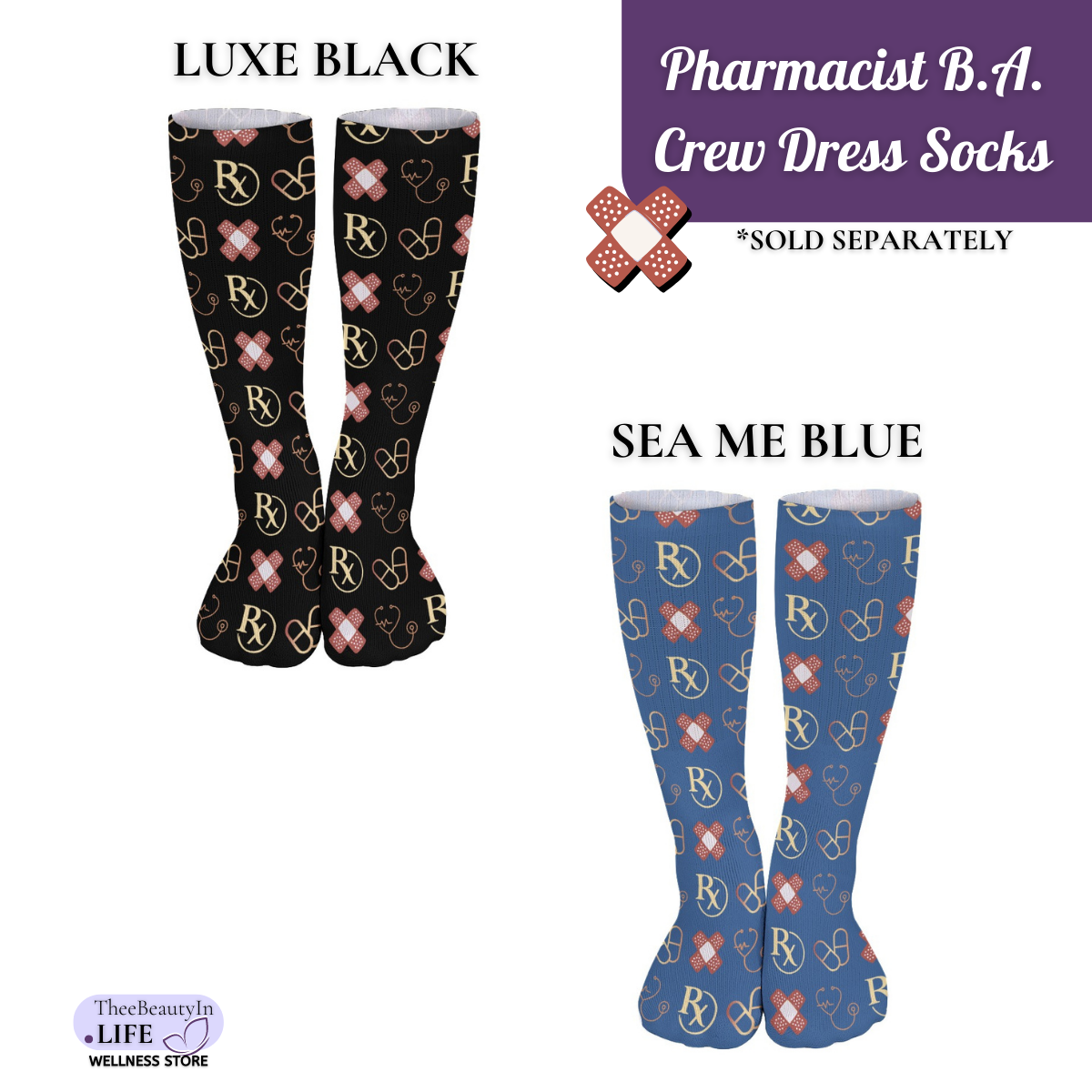 Pharmacist Bandaid Crew Dress Socks | Fun Gifts for Pharmacists, Nurses, and Doctors | Gifts for Pharmacy Technicians | Medical Student Graduation Gifts | Healthcare Worker Stocking Stuffers | Pharmacology Themed Socks