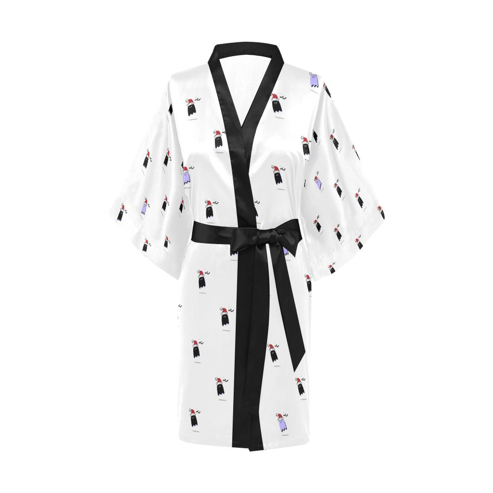 Spooky Season Holiday White Silky Satin Robe | Custom Satin Robe | Robe and Slipper Gift Sets for Women | Cute Satin Robe for Adults | Satin Robes with Patterns