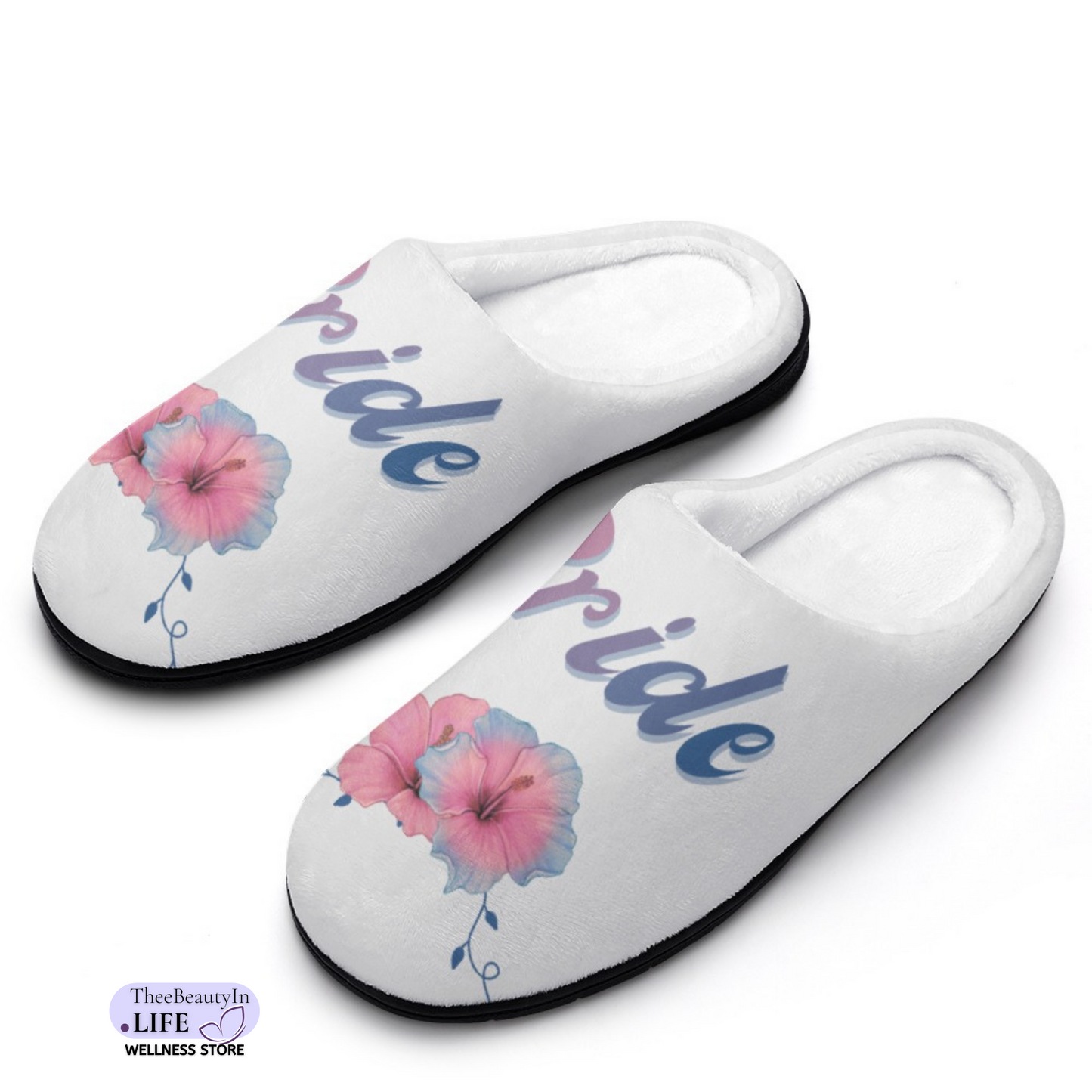 Hibiscus Bridal House Shoe Slippers | Cute Bride Slippers for Getting Ready | Wedding Slippers for Pictures | Thoughtful Gift Ideas for Bridal Shower | Hibiscus Flower Ladies Slippers | White Bedroom Shoes for Newlyweds