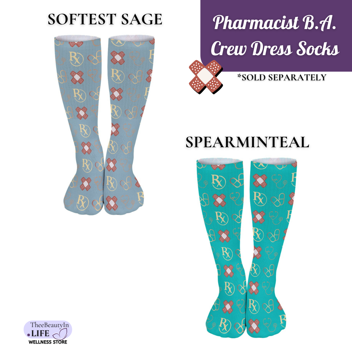 Pharmacist Bandaid Crew Dress Socks | Fun Gifts for Pharmacists, Nurses, and Doctors | Gifts for Pharmacy Technicians | Medical Student Graduation Gifts | Healthcare Worker Stocking Stuffers | Pharmacology Themed Socks