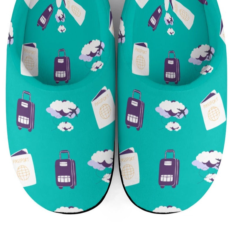 Mint Teal House Shoe Slippers in Travel Theme