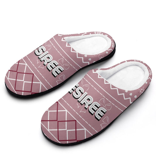 Retro Holiday Bow Pink House Shoe Slippers | Personalized Bedroom Shoes Christmas | Custom Slippers Winter | Cute Gifts for Her