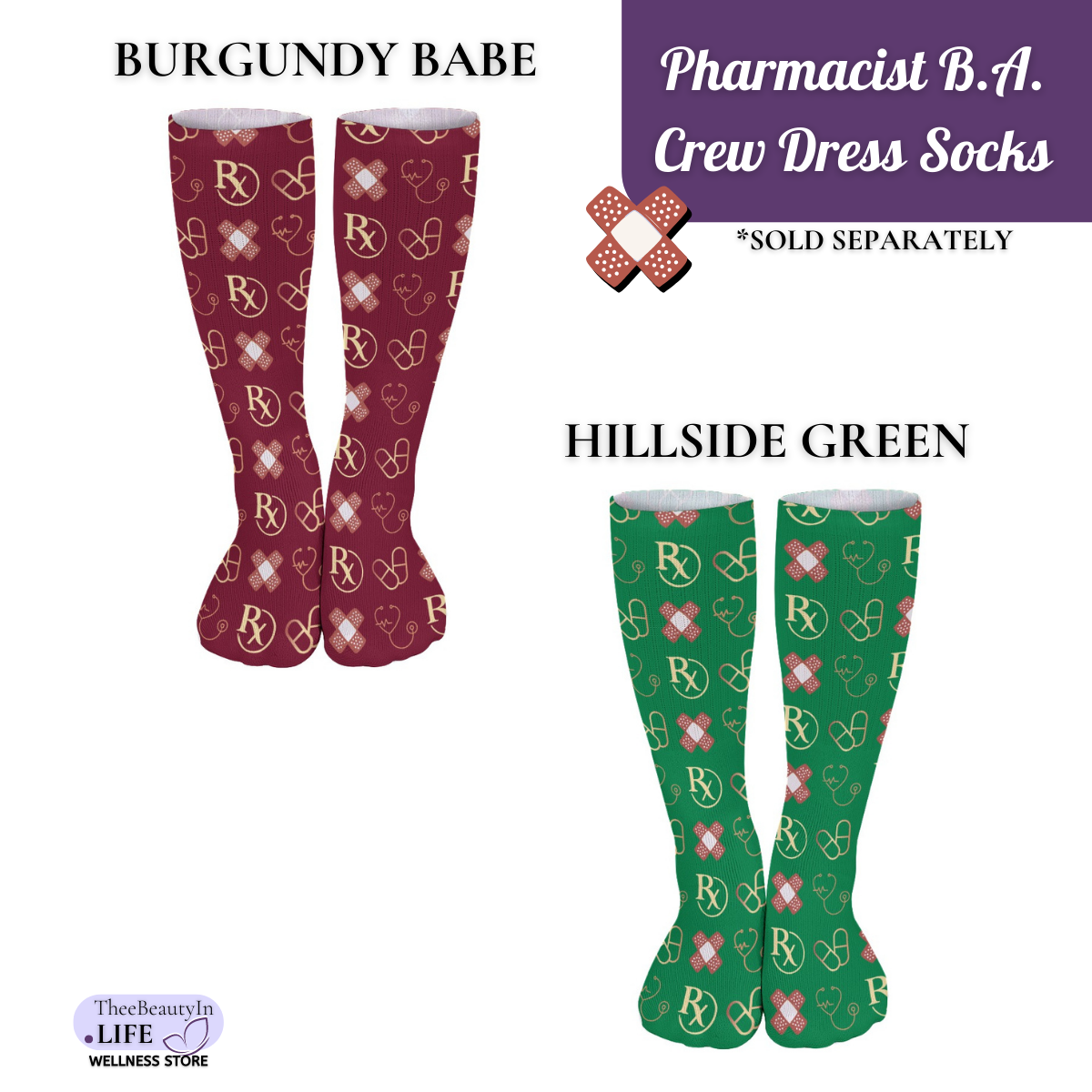 Pharmacist Bandaid Crew Dress Socks | Fun Gifts for Pharmacists, Nurses, and Doctors | Gifts for Pharmacy Technicians | Medical Student Graduation Gifts | Healthcare Worker Stocking Stuffers | Pharmacology Themed Socks