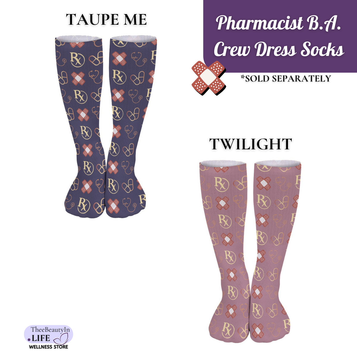 Pharmacist Bandaid Crew Dress Socks | Fun Gifts for Pharmacists, Nurses, and Doctors | Gifts for Pharmacy Technicians | Medical Student Graduation Gifts | Healthcare Worker Stocking Stuffers | Pharmacology Themed Socks