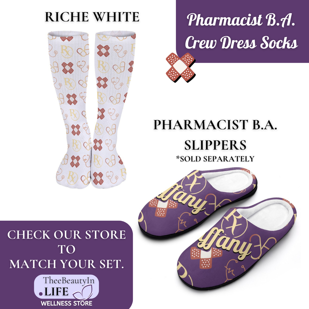 Pharmacist Bandaid Crew Dress Socks | Fun Gifts for Pharmacists, Nurses, and Doctors | Gifts for Pharmacy Technicians | Medical Student Graduation Gifts | Healthcare Worker Stocking Stuffers | Pharmacology Themed Socks